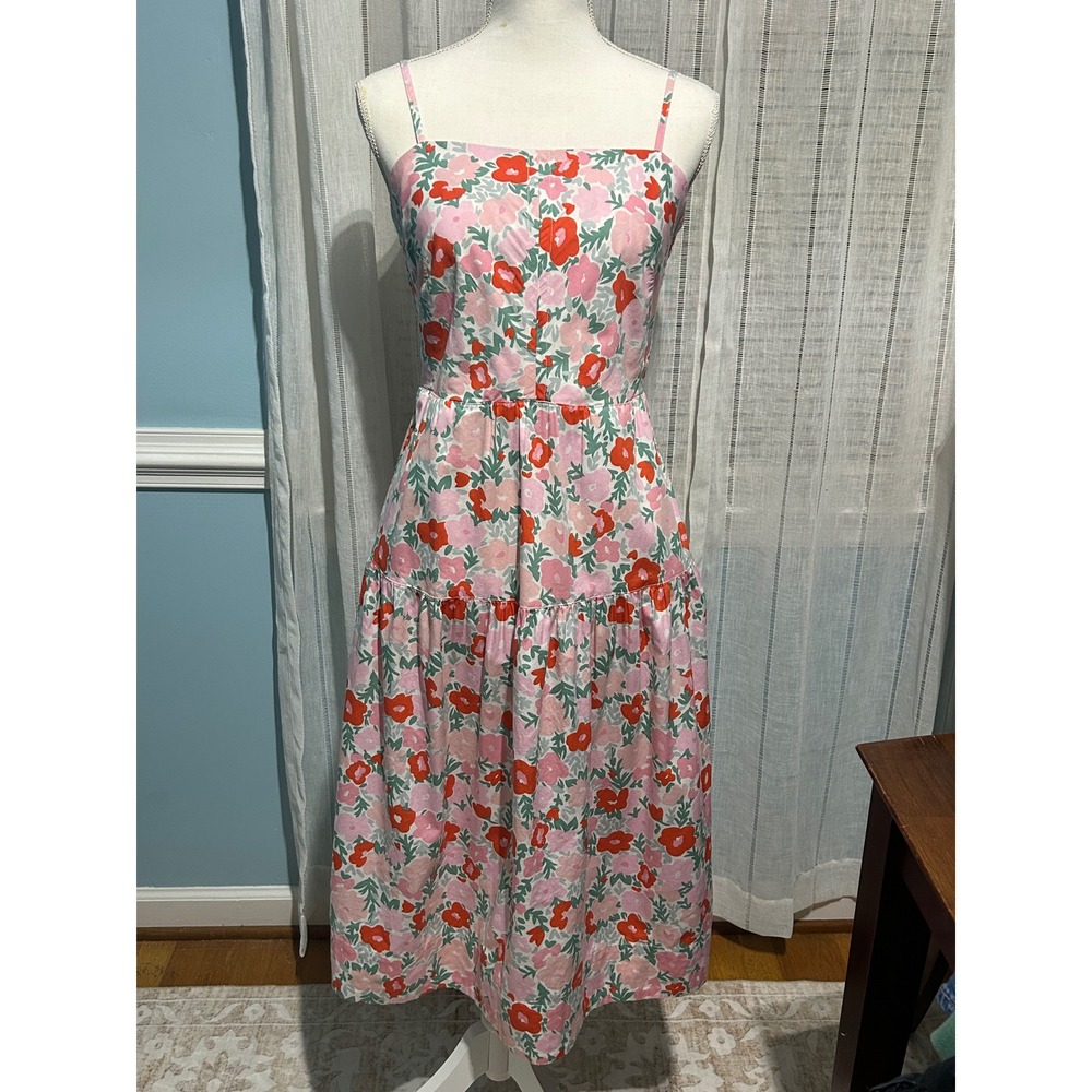 Free Assembly Floral Tie Back Midi Dress Pink Orange Tiered Sundress Womens M